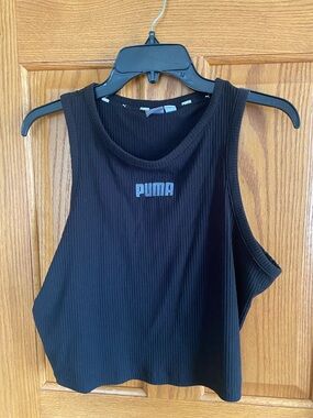 Puma Black Ribbed Cropped Tank Top with Logo